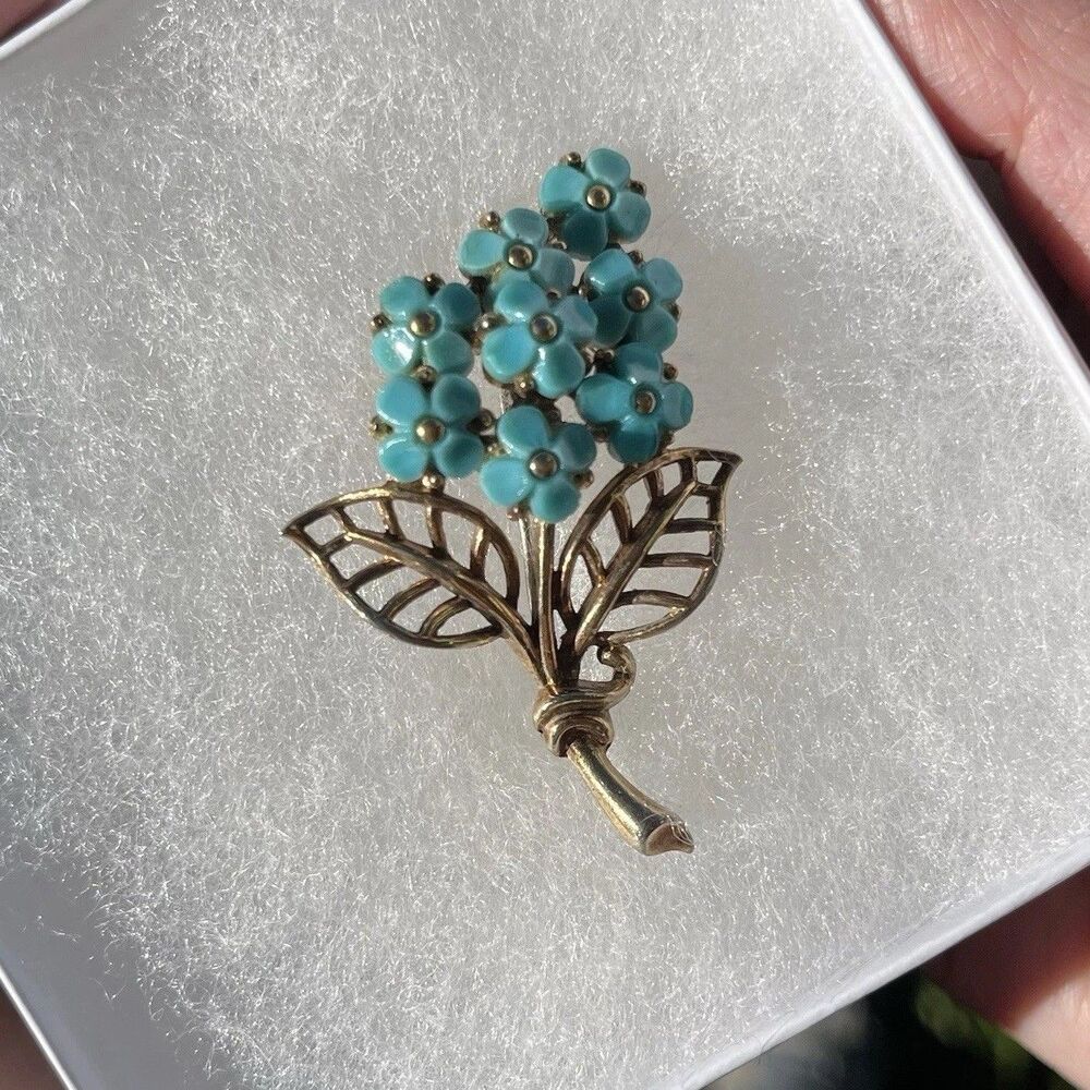 Vintage Crown Trifari Forget Me Not Blue Flowers Brooch Philippe 1950s Pat Pend